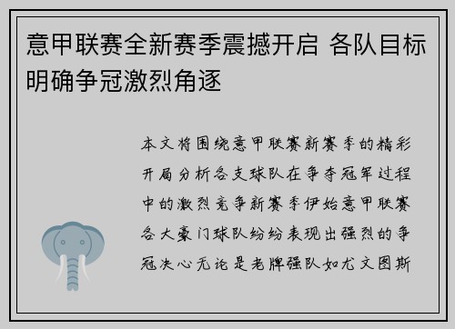 意甲联赛全新赛季震撼开启 各队目标明确争冠激烈角逐