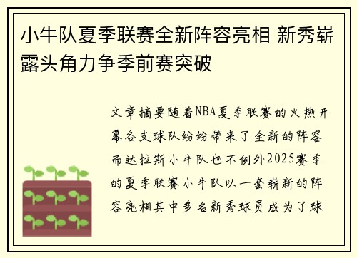 小牛队夏季联赛全新阵容亮相 新秀崭露头角力争季前赛突破