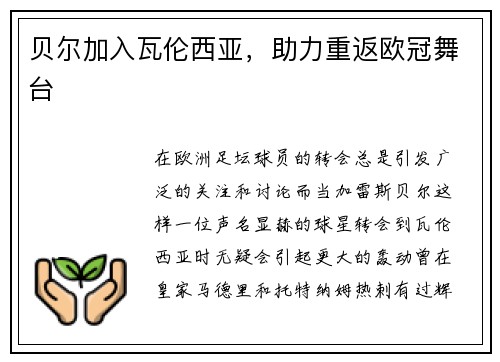 贝尔加入瓦伦西亚，助力重返欧冠舞台