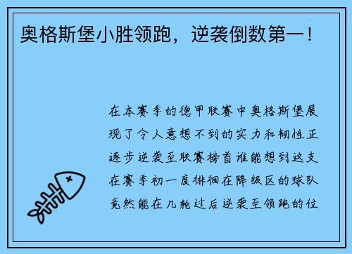 奥格斯堡小胜领跑，逆袭倒数第一！