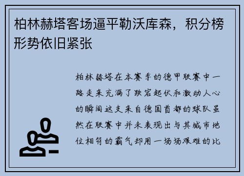 柏林赫塔客场逼平勒沃库森，积分榜形势依旧紧张